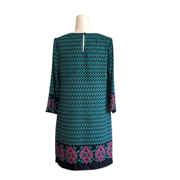 Crown & Ivy Dress Shift 3/4 Sleeve Geo Elephant Print Navy Turquoise Pink Size 8 - Picture 4 of 12
